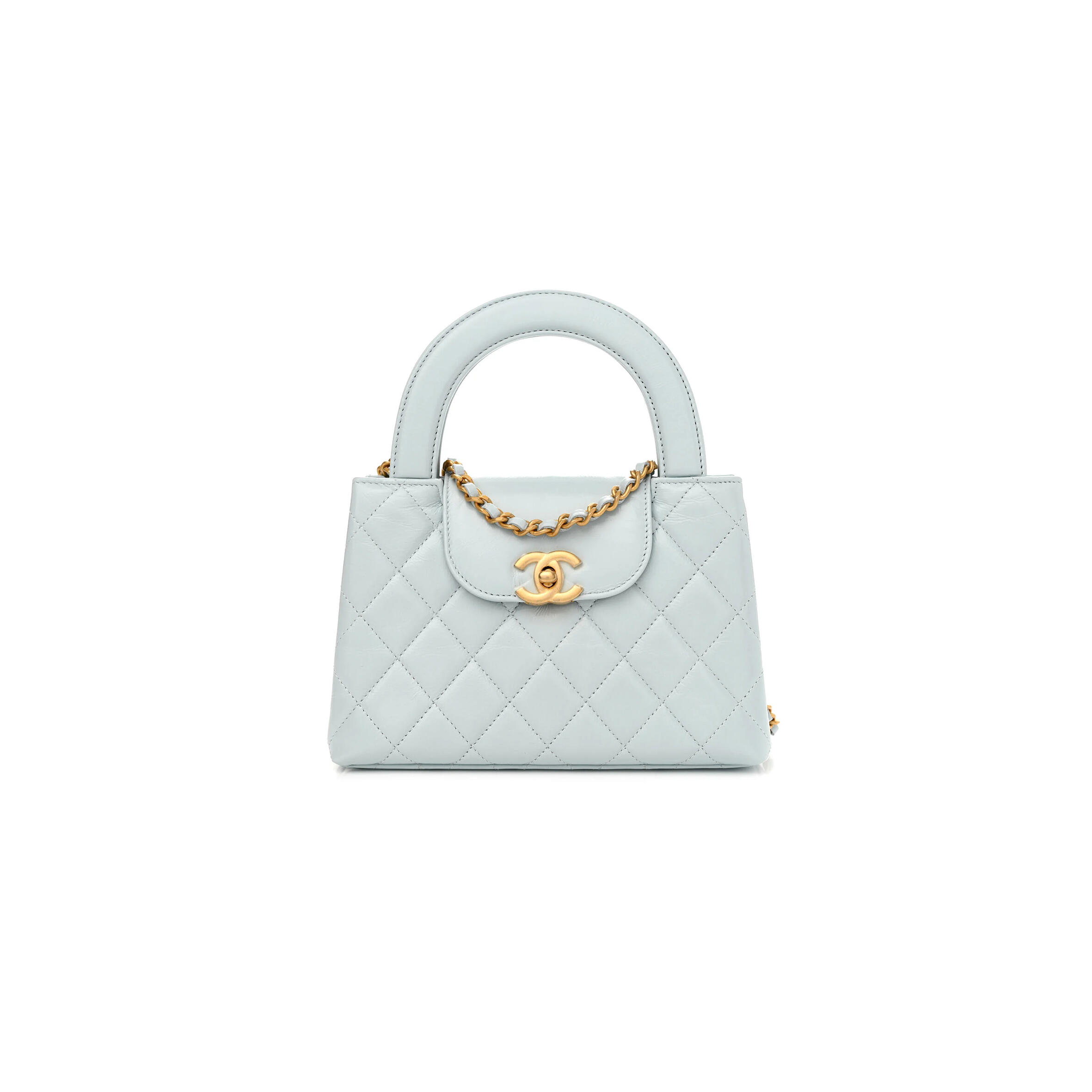 CHANELSHINY AGED CALFSKIN QUILTED NANO KELLY SHOPPER LIGHT BLUE AS4461 01 (19*13*6cm)